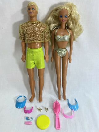 Vtg 1991 Sun Sensation Barbie 1390 1392 W/outfit Mesh Gold Swimsuit Accessories