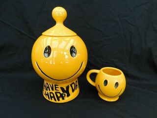 Have A Happy Day Ceramic Cookie Jar And Mug Mccoy Smiley Face Yellow Pot Vintage