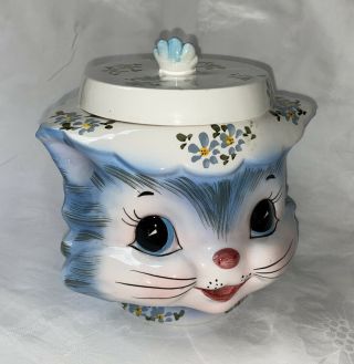 Vintage Miss Priss Blue Cat Ceramic Cookie Jar Lefton Japan 1502