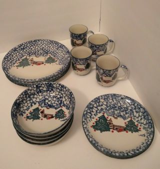 Folk Craft Cabin In The Snow Tienshane Stoneware 16 Pc Christmas Tableware