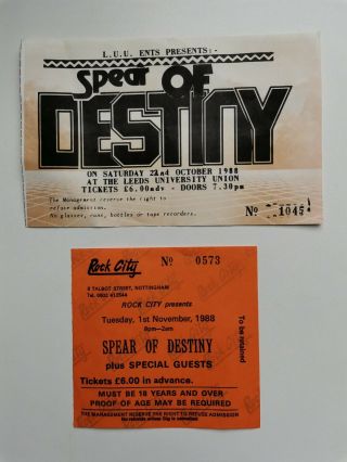 Two Spear Of Destiny Ticket Stubs 1988