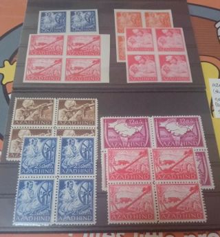 India Germany Azad Hind Propaganda Blocks Of Four Stamps 1943 Perf/imperf