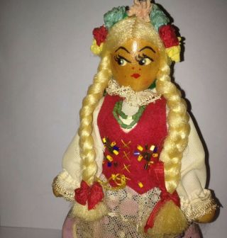Vtg Blonde Wooden Polish Peg Doll - Poland/hand Painted European Jointed