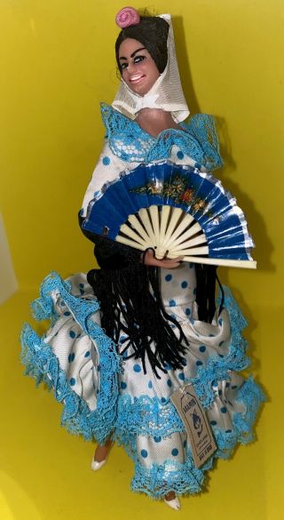 Vintage " Marin Chiclana " Spanish Flamenco Dancer Doll - 9” W/fan