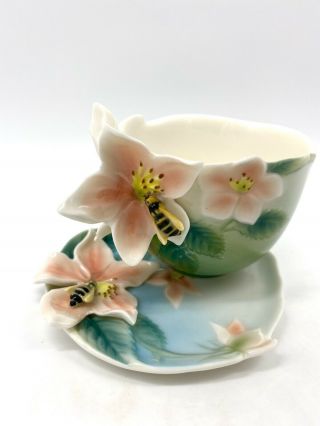 Franz Porcelain Bee Tea Cup & Saucer Set Numbered Signed Honey Bee Floral