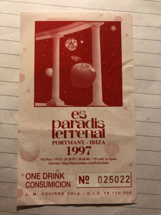 Es Paradis Terreral Drinks Token Rave Flyer 1997 Ibiza Rare