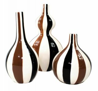 Jonathan Adler Happy Home Retro Modernist Art Brown Striped Vase Pottery Trio