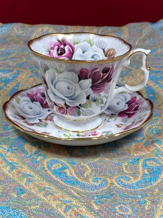 Stunning Royal Albert Teacup & Saucer Summer Bounty Series Pearl Red White Roses
