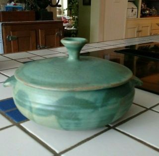 Robinson Studio Art Pottery Drip Glaze Covered Dish Green,  Mid Century,  Signed