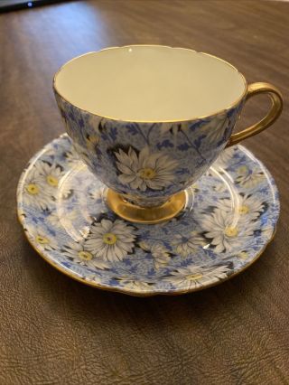 Rare Vintage Shelley Fine Bone China England Blue White Daisies Teacup & Saucer