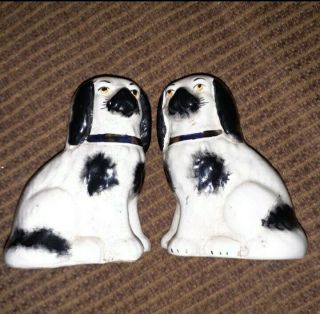 Antique Pair (2) Of Staffordshire Spaniel " Love " Dogs - Black & White 4 1/2 "