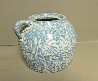 Antique Blue Spongeware Pottery Bean Pot - Old Cooking Primitive