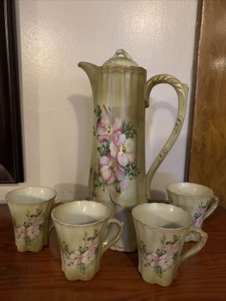Vintage Nippon Chocolate Pot Hand Painted & 4 Cups -