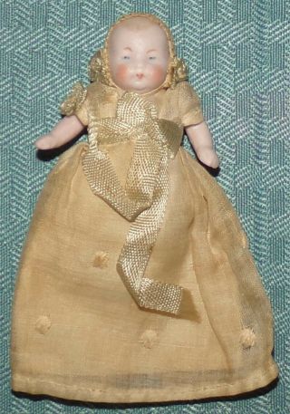 1920s 2 1/2 " All Bisque Baby Doll With Jointed Arms & Legs & Clothes