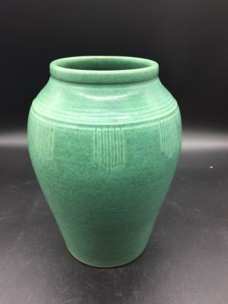 Sleeper????? Signed Arts & Crafts Matte Green Glaze Pottery Vase Incised Design