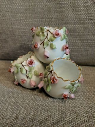 Vista Alegre Porcelain 4 Egg Vase Applied Pink Roses Portugal 1940s Vintage