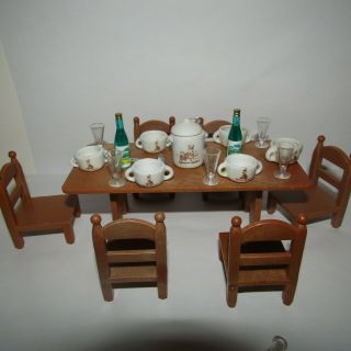 Sylvanian Families - Large Farmhouse Kitchen Table Set With Sylvanian Tableware