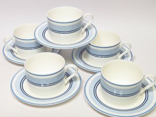 Set 5 Vtg Shirting Stripe Blue Polo Ralph Lauren Cups Saucers Rare Porcelain