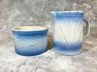 2 Vintage Blue & White Stoneware Pitcher & Crock,  Salt Glaze.