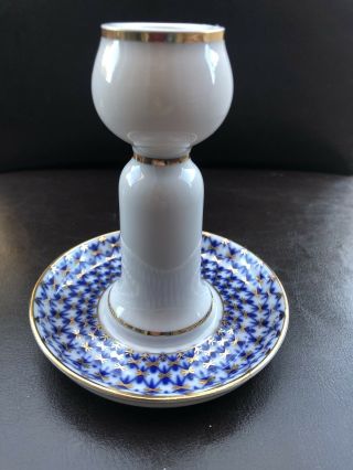 Russian Imperial Lomonosov Porcelain Candlestick Cobalt Net 22k H 4,  5”