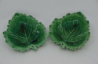 Set Of 2 Vintage Wedgwood Majolica Etruria & Barlaston Green Leaf Small Dishes