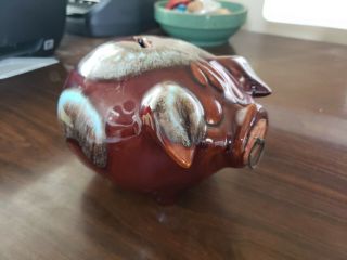 Vintage Hull Pottery Pig Piggy Bank W/cork Snout Ring Brown Drip Majolica