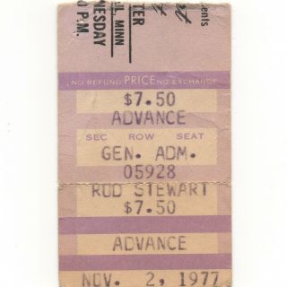 Rod Stewart & Air Supply Concert Ticket Stub St Paul 11/2/77 Civic Center Rare