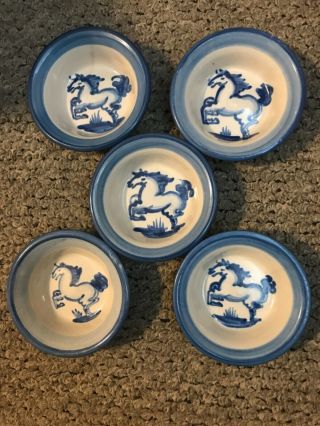 Set Of 5 Vintage M.  A.  Hadley Pottery 4.  5” Finger/mini Bowl W/blue Horse Motif.
