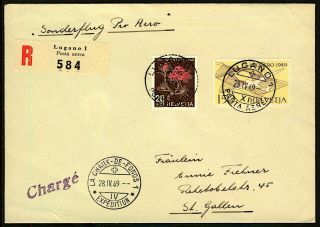 Switzerland 1949 Registered Airmail Cover Lugano To St Gallen With Red Cross Vfu