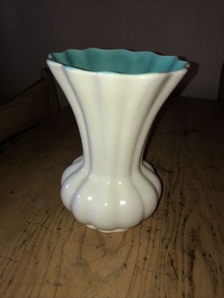 Vintage California Catalina Pottery Ribbed Vase White Turquoise Blue Interior
