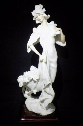 Capodimonte Florence Figurine - Lady W/ Wheelbarrow Of Flowers On Wood Base