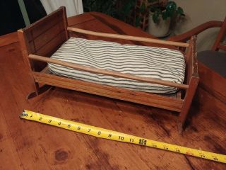 Antique Hand Made Wooden Doll Cradle Doll Bed With Feather Mattress 15 X 8 X 8
