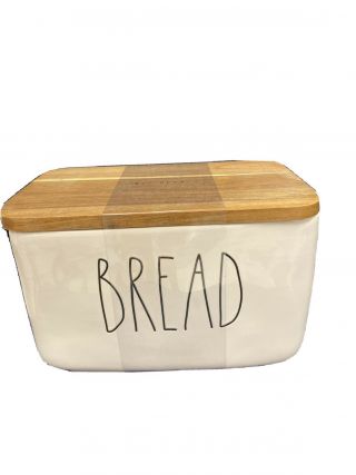 Rae Dunn White Ceramic Bread Box With Wood Lid