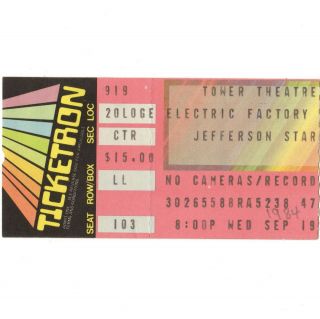 Jefferson Starship & Billy Satellite Concert Ticket Stub Philly Pa 9/19/84 Tower
