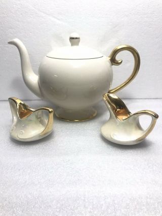 Vintage Flintridge Coffee/tea Pot China Ivory / White With Gold Trim Set Of 3.