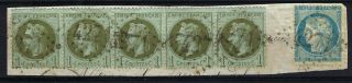 France 1870 Laureated Napoleon 1c Strip Of 5 On Piece With Ceres 20c Cv £120,