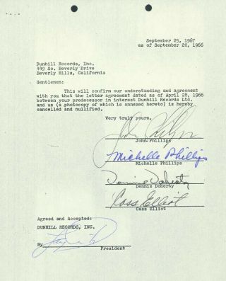 The Mamas And The Papas - Document Signed 09/20/1966 With Co - Signers