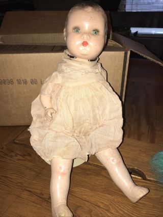 14” Antique Horsman Composition & Cloth Body Baby Doll,  Blue Tin Sleep Eyes