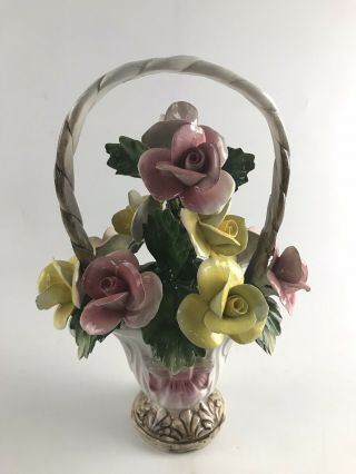 Vintage Capodimonte Nuova Basket Of Flowers Made In Italy Dh65