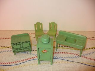 Vintage Green Wooden Strombecker Dollhouse Furniture Fridge Stove Sink Chairs