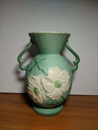 Vintage Weller Pottery Green Vase White Flowers 10 "