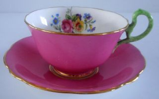 Vintage Aynsley Bone China Hot Pink Tea Cup Saucer Gold Trim FLORAL England 2
