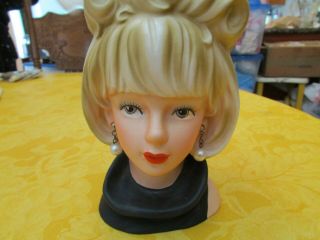 Vintage Blonde Girl Head Vase Ceramic Faux Pearl Earrings Blue Eyes Black Dress