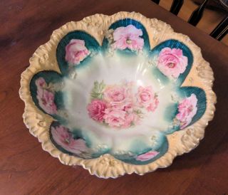 Antique R.  S.  Prussia Large Roses Molded Porcelain Bowl