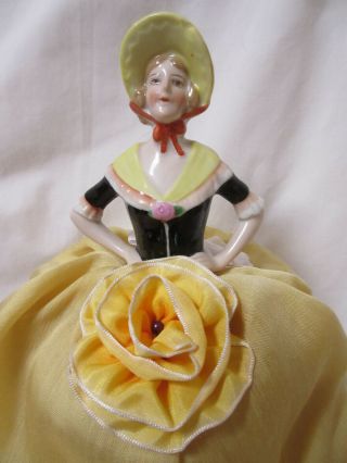 Antique German Bisque Half Doll On Yellow Pin Cushion