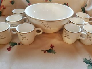 VINTAGE 9 - Pc Tom and Jerry Punch Bowl Set Universal Cambridge Cream Gold Pottery 3