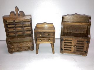 Vintage Wooden Miniature Dollhouse Furniture Set Of 3 Dresser,  Hutch,  Cabinet