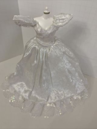 Vintage Barbie Doll Bubble Sleeves White Satin Lace Evening Dress Wedding Gown