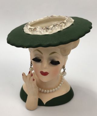 Vintage Napco Lady Head Vase 1950s Japan C3343 Green Hat And Faux Pearls Aa