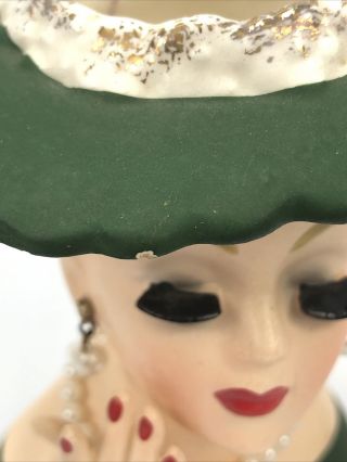 Vintage Napco Lady Head Vase 1950s Japan C3343 Green Hat and Faux Pearls AA 2